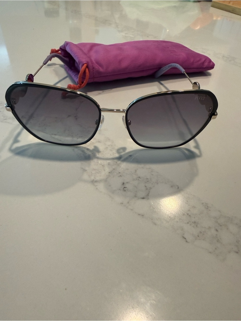 Emilio Pucci Silver Frame Sunglasses with Gray Gradient Lenses and Purple Pouch